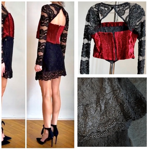 Vintage KATZ Womens Set Handmade Red Velvet Corset Top Lace Black Bead Skirt M - Picture 3 of 12